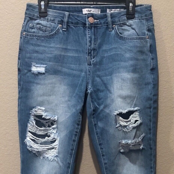 YMI Dream Jeans, Dream Fit Raw Hem Destruction Ankle Hybrid Jeans  1/3/5/7/9 - Picture 4 of 9